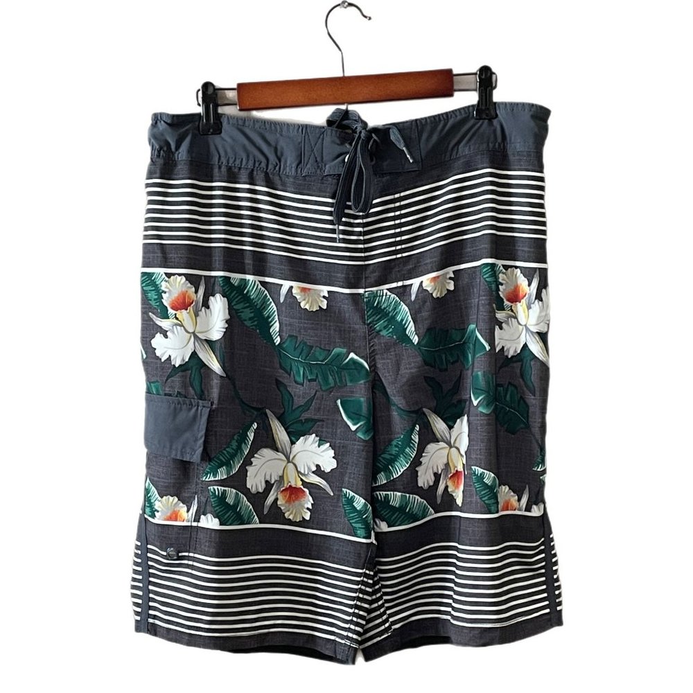 OP Ocean Pacific Board Shorts Swim Trunks Hawaiian Gray Mens Size Medium 32-34